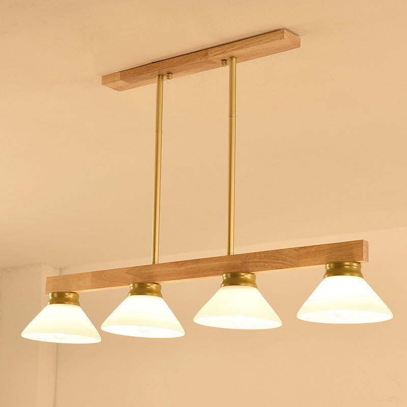 Nordic Linear Wood Hanging Light 4 Heads Island Ceiling Light in Gold/Black Finish with Cone Opal Glass Shade
