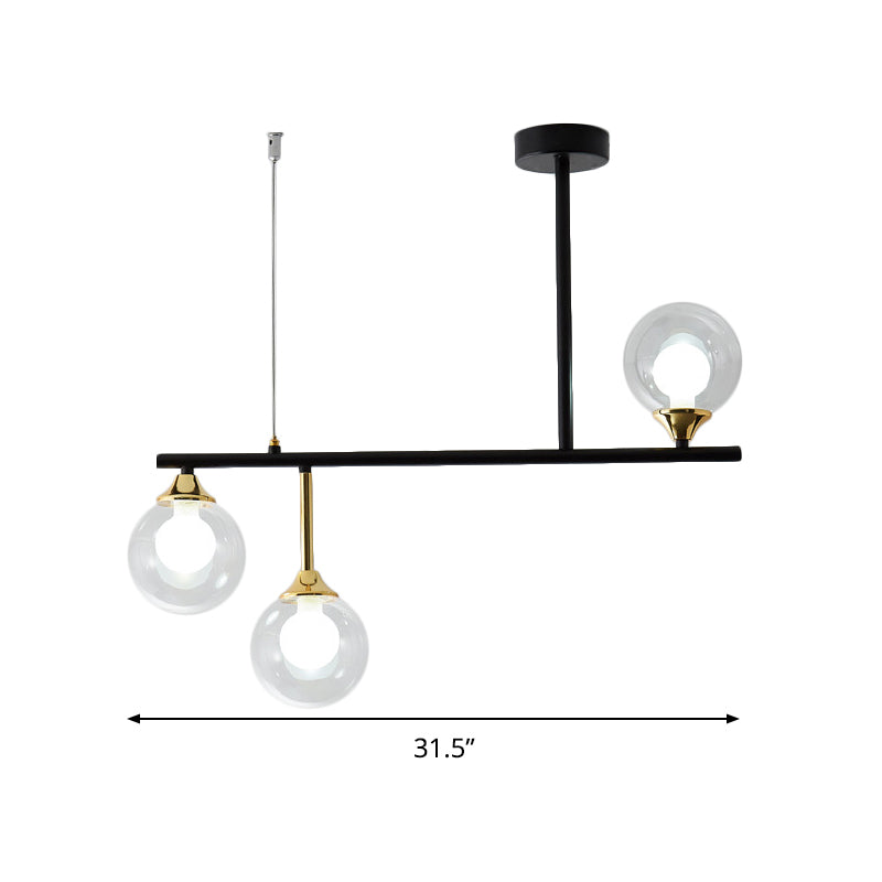 3 Bulbs Globe Island Lighting Modernism Clear Glass Pendant Light Fixture in Black for Dining Room