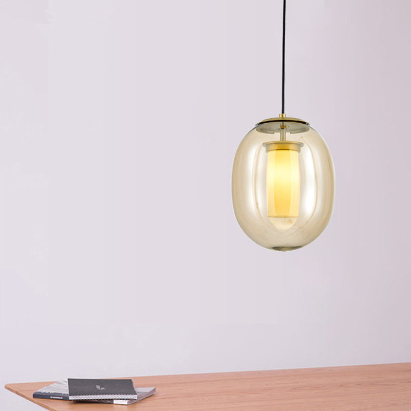Luz de techo colgante ovalado de vidrio ámbar contemporáneo 1 cabeza 7 "/8.5" kit de lámpara colgante de oro