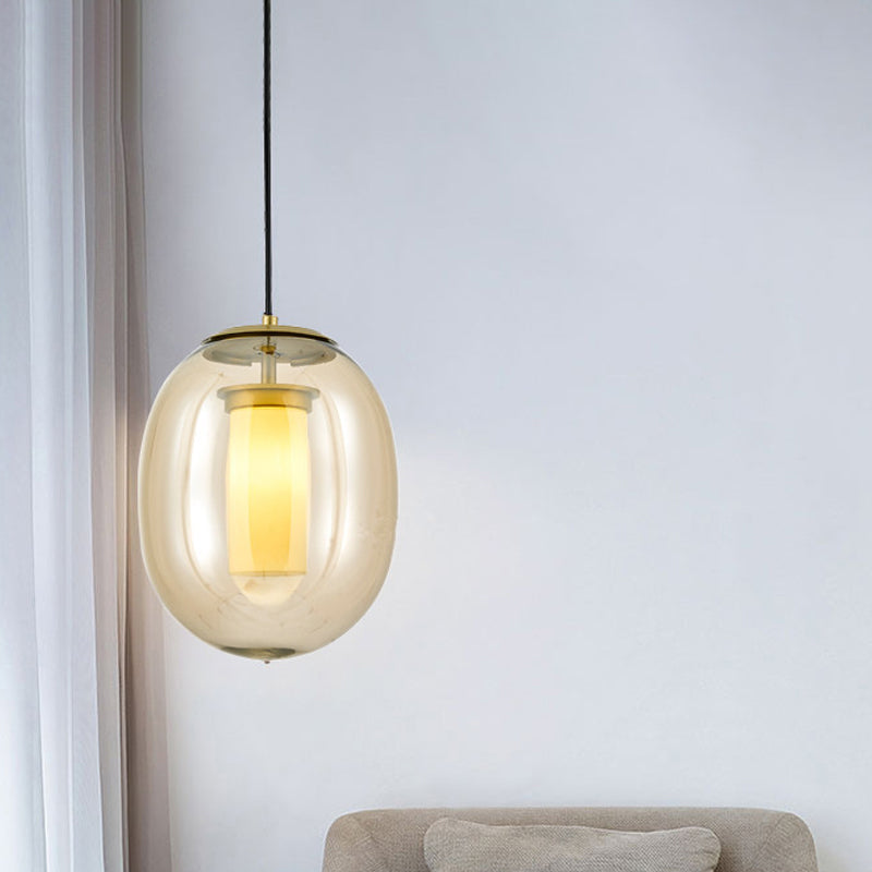 Luz de techo colgante ovalado de vidrio ámbar contemporáneo 1 cabeza 7 "/8.5" kit de lámpara colgante de oro