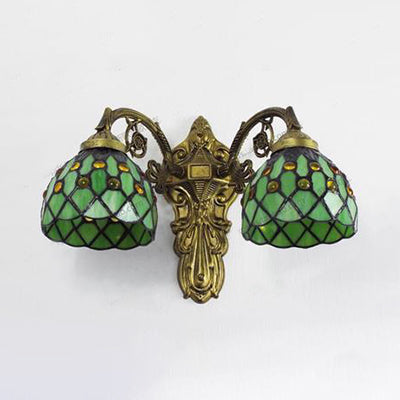 Bead Wall Lighting with Bowl Shade Stained Glass 2 Heads Rustic Loft Sconce Lamp in Green/Blue for Library