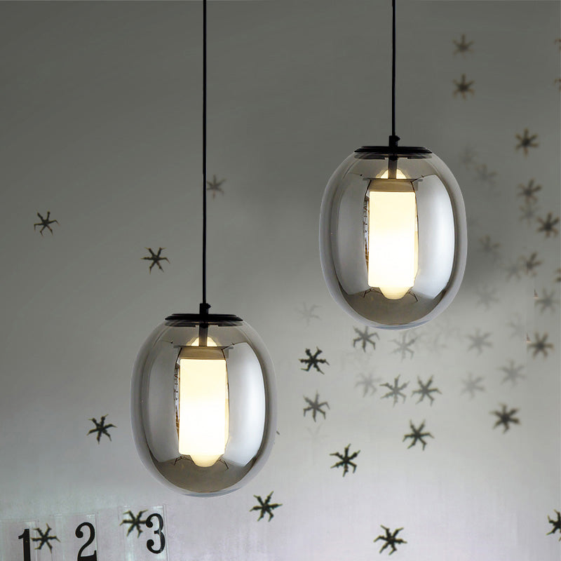 Oval Bedroom Hanging Lamp Kit Black Glass 1 Head 7"/8.5" Wide Simple Style Pendant Light