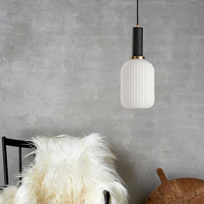 1 Head Dining Room Pendant Light Macaron Black/Pink/Blue Hanging Lamp with Cylinder/Oval/Drum White Glass Shade, 5"/8"/12" Wide