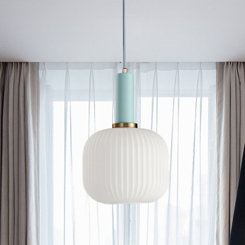 1 Head Dining Room Pendant Light Macaron Black/Pink/Blue Hanging Lamp with Cylinder/Oval/Drum White Glass Shade, 5"/8"/12" Wide