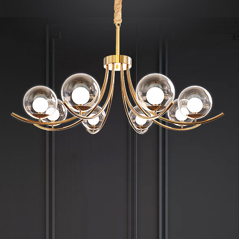 Clear Glass Ball Chandelier Lighting Fixture Modern Style 6/8/10 Heads Golden Hanging Lamp with Curved Arm