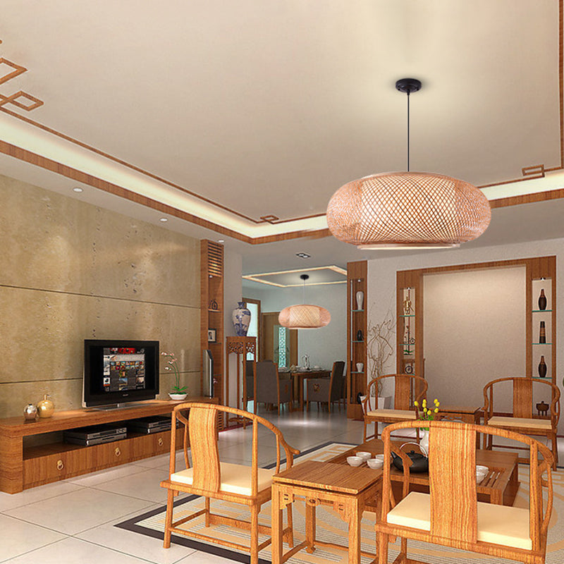 Farmhouse Natural Bamboo Pendant Lighting 1 Light Round Drum Dining Room Hanging Lamp in Beige