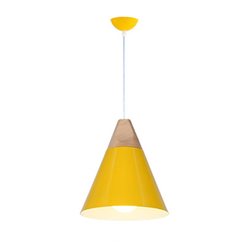Metal Tapered Hanging Light Nordic Style 1 Light Wooden Top Ceiling Pendant Lamp for Living Room