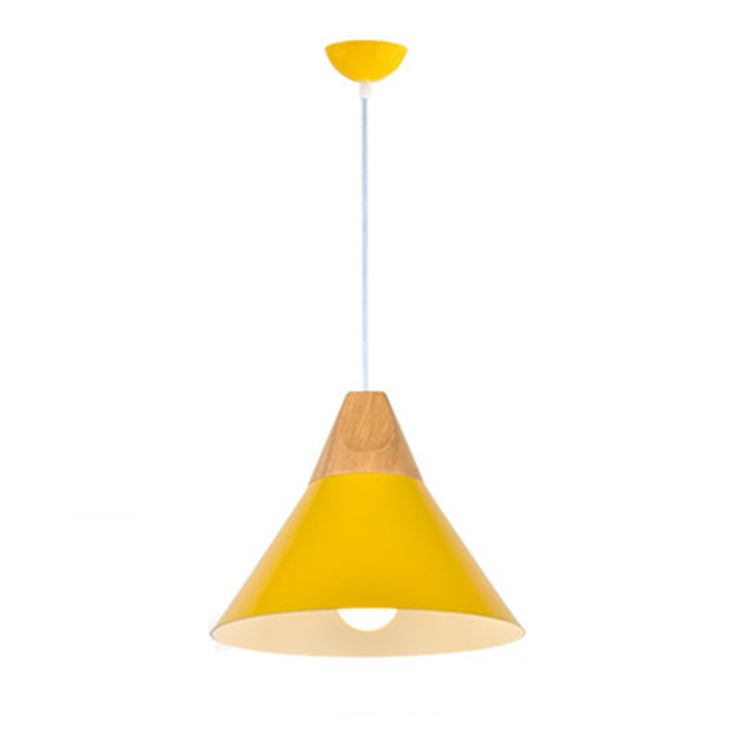 Metal Tapered Hanging Light Nordic Style 1 Light Wooden Top Ceiling Pendant Lamp for Living Room