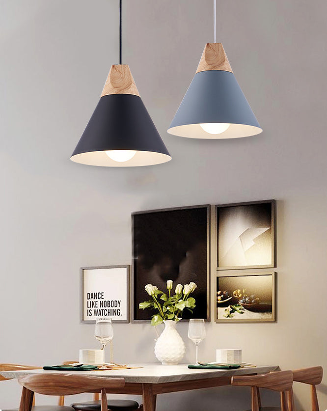 Metal Tapered Hanging Light Nordic Style 1 Light Wooden Top Ceiling Pendant Lamp for Living Room