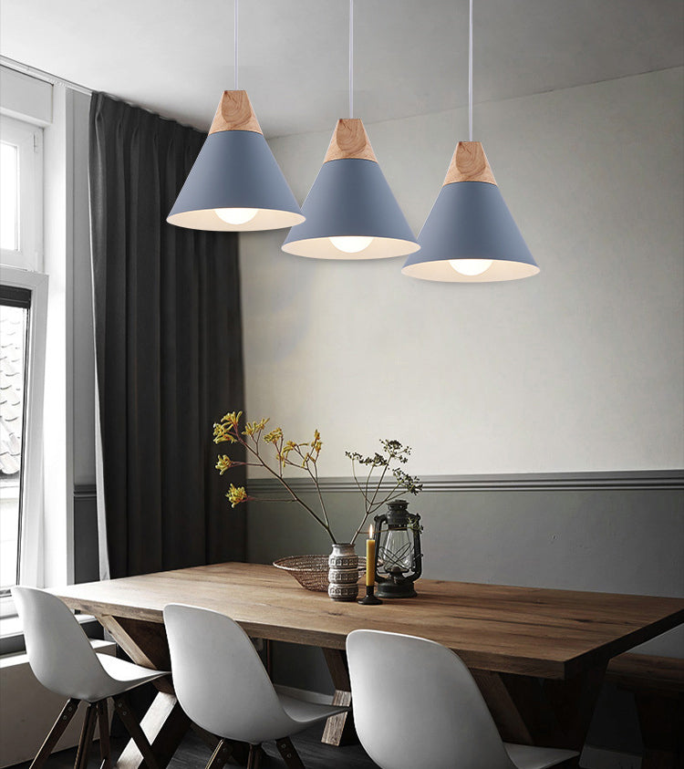 Metal Tapered Hanging Light Nordic Style 1 Light Wooden Top Ceiling Pendant Lamp for Living Room