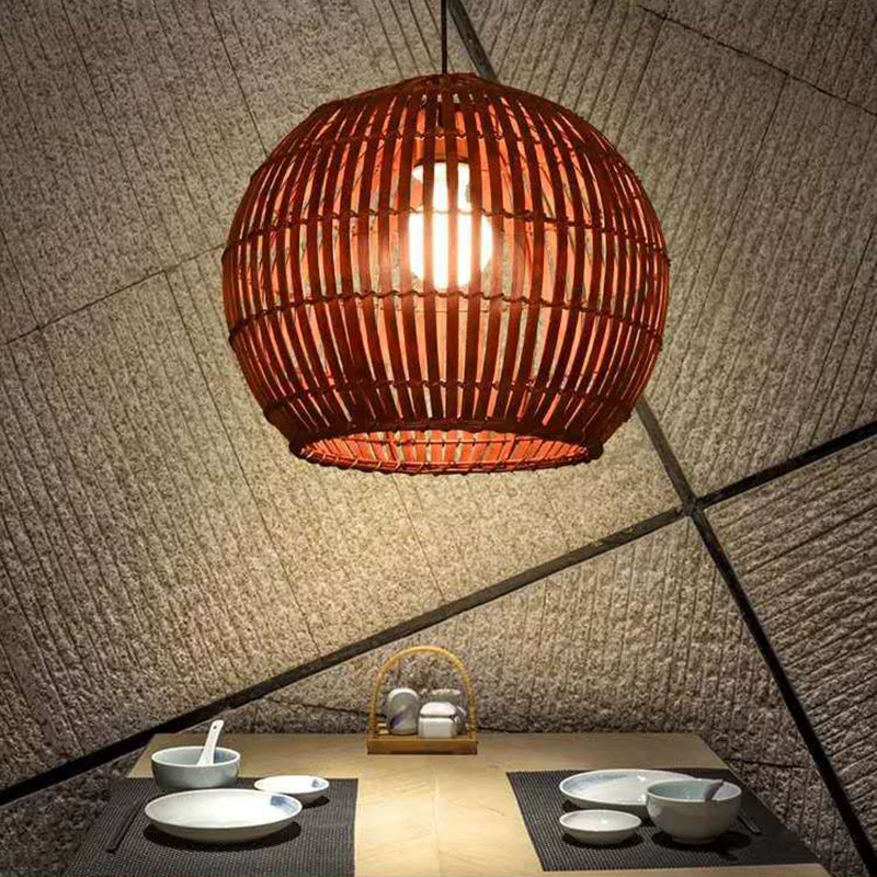 Spherical Hand-Woven Pendant Asia Art Deco 1 Bulb Bamboo Hanging Light for Dining Table