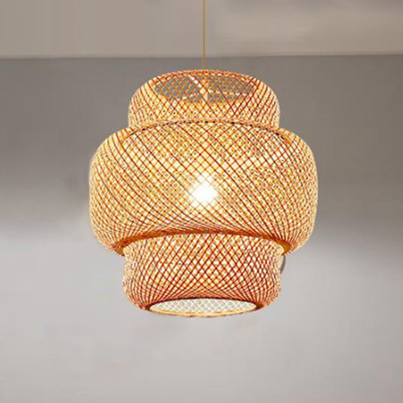 Chinese Style Lantern Ceiling Light Hand-Worked Bamboo 1 Light Restaurant Hanging Pendant Lighting in Beige