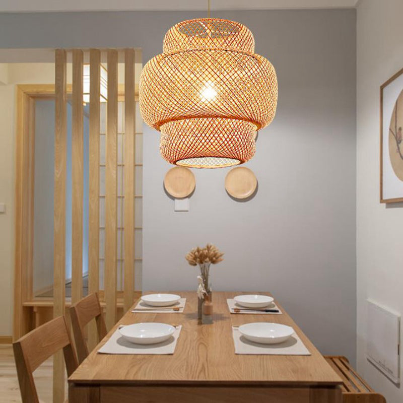 Chinese Style Lantern Ceiling Light Hand-Worked Bamboo 1 Light Restaurant Hanging Pendant Lighting in Beige