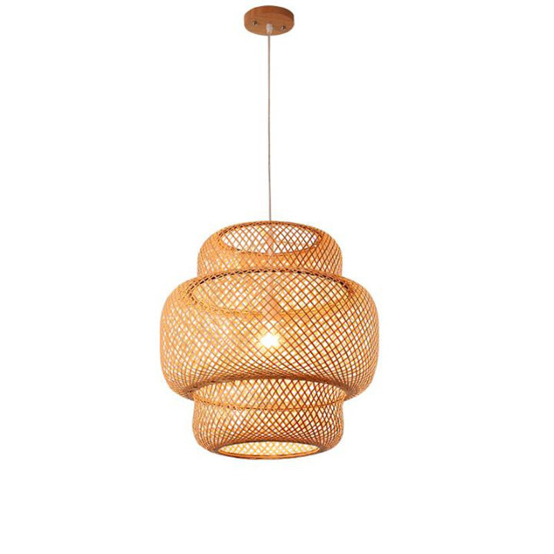 Chinese Style Lantern Ceiling Light Hand-Worked Bamboo 1 Light Restaurant Hanging Pendant Lighting in Beige