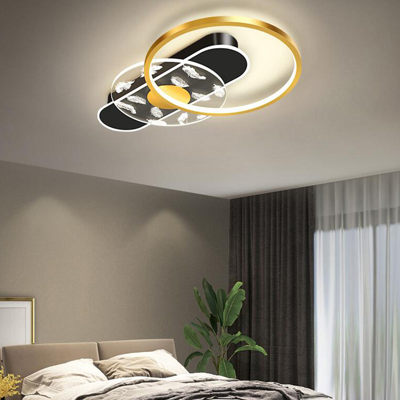 Black and Gold LED Semi Flush Mount in Modern Concise Style Circular Feather Ceiling Light with Acrylic Shade