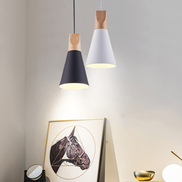 Metal Tapered Hanging Light Nordic Style 1 Light Wooden Top Ceiling Pendant Lamp for Living Room
