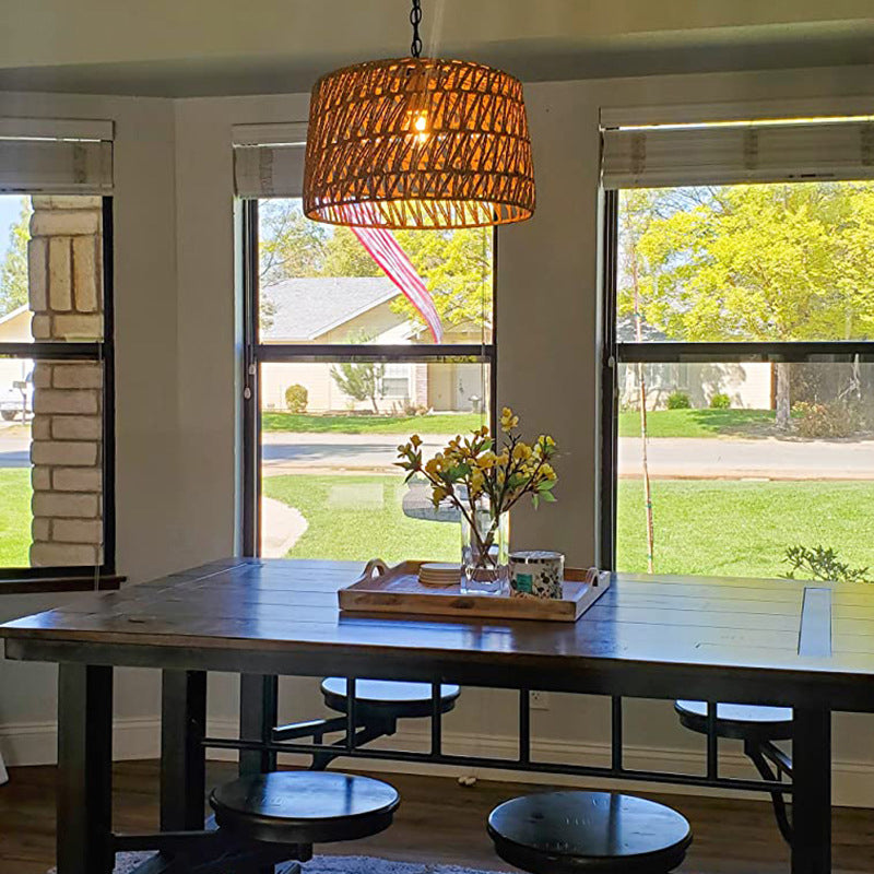 1-Light Hemp Rope Drum Hanging Light Hand Knitting Creative Bedroom Suspension Lamp in Beige