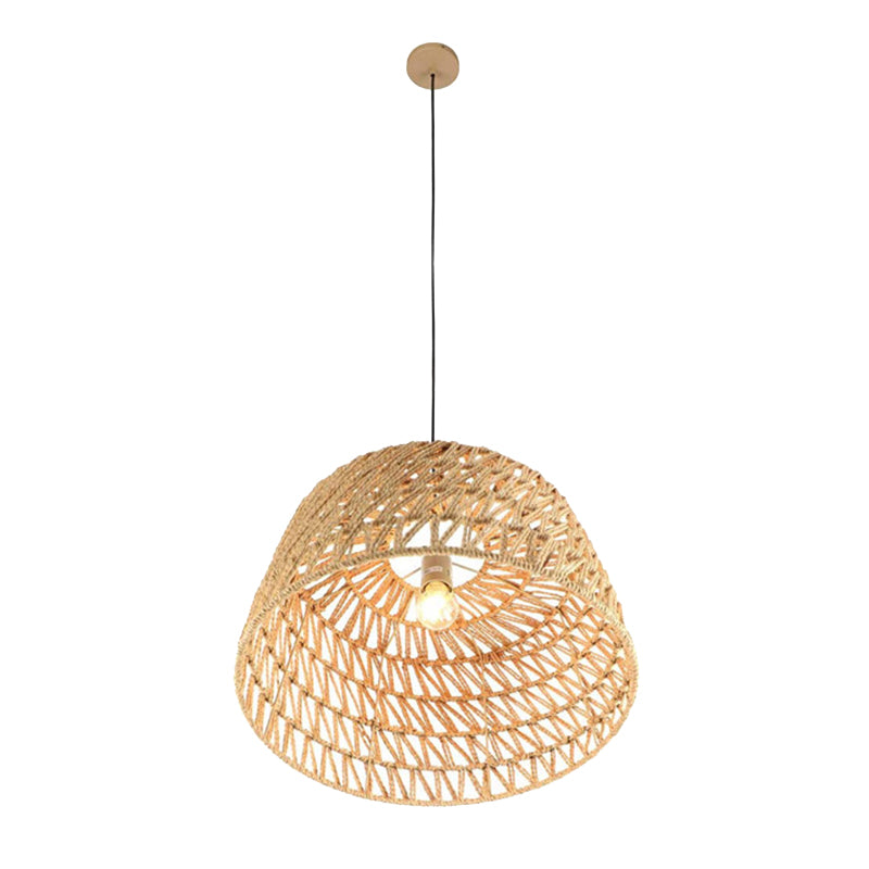 1-Light Hemp Rope Drum Hanging Light Hand Knitting Creative Bedroom Suspension Lamp in Beige