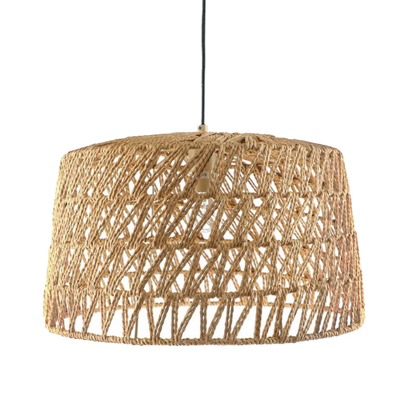 1-Light Hemp Rope Drum Hanging Light Hand Knitting Creative Bedroom Suspension Lamp in Beige