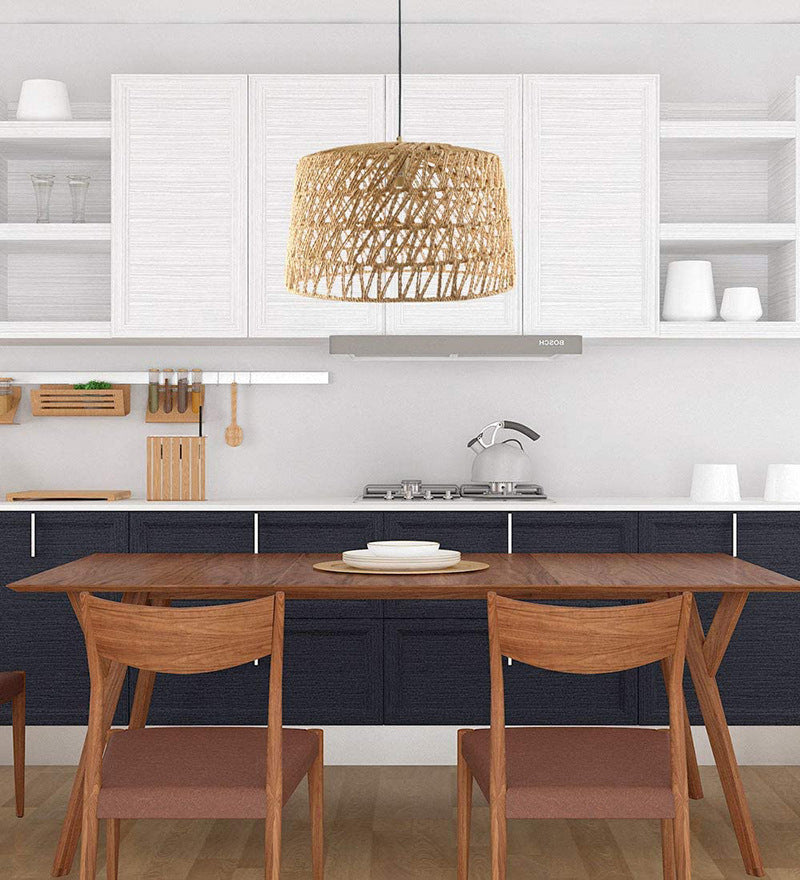 1-Light Hemp Rope Drum Hanging Light Hand Knitting Creative Bedroom Suspension Lamp in Beige