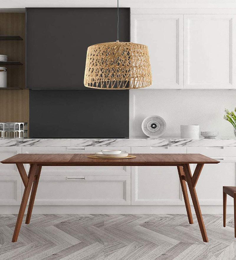 1-Light Hemp Rope Drum Hanging Light Hand Knitting Creative Bedroom Suspension Lamp in Beige