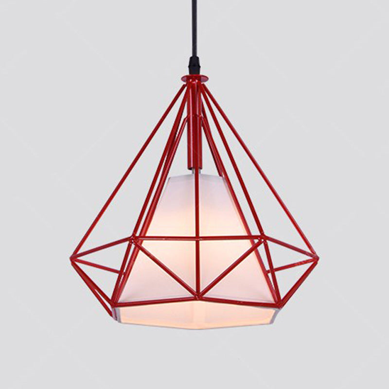 4-Color Optional Metal Cage Hanging Light Single Bulb Diamond Shaped Bedroom Lighting Fixture