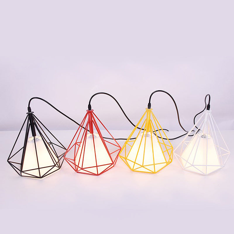 4-Color Optional Metal Cage Hanging Light Single Bulb Diamond Shaped Bedroom Lighting Fixture