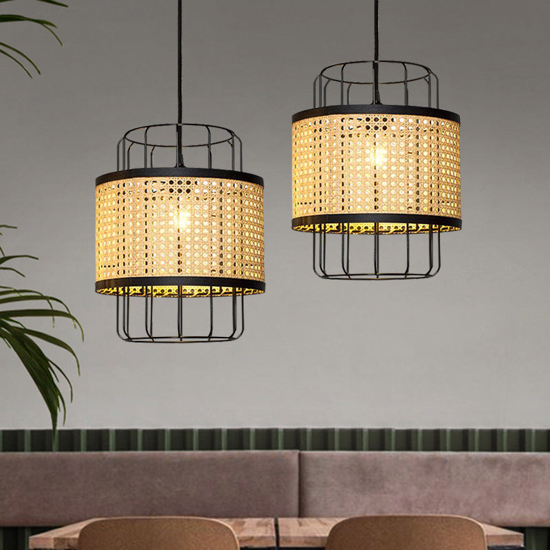Hand-Worked Rattan Restaurant Ceiling Light Asian Style Single Bulb Lantern Hanging Pendant Light