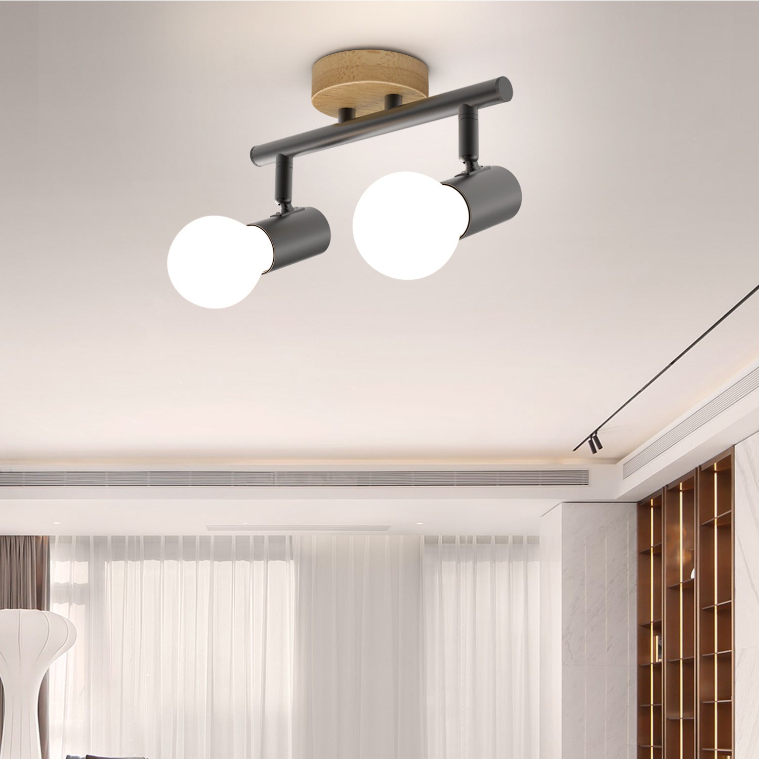 Surface Mounted Track Lights Retro Style Wood Adjustable Angle Home Bedroom Living Room Multi-lamp Ceiling Light