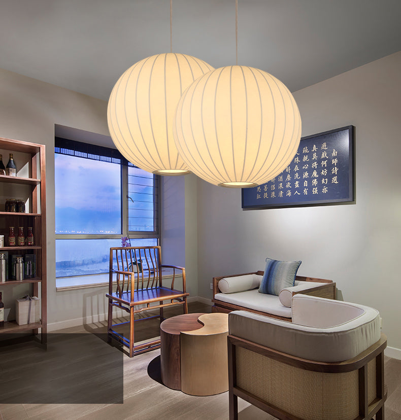 Globe Stretch Silk Suspension Lamp Nordic Style 1-light Dining Room Lighting Fixture in White