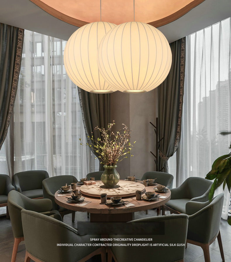 Globe Stretch Silk Suspension Lamp Nordic Style 1-light Dining Room Lighting Fixture in White