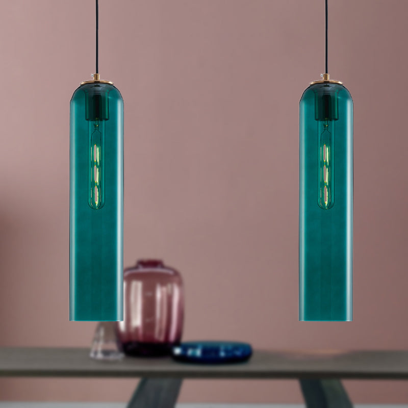 Green Glass Tubular Ceiling Pendant Light Nordic 1 Light Hanging Light for Bedroom