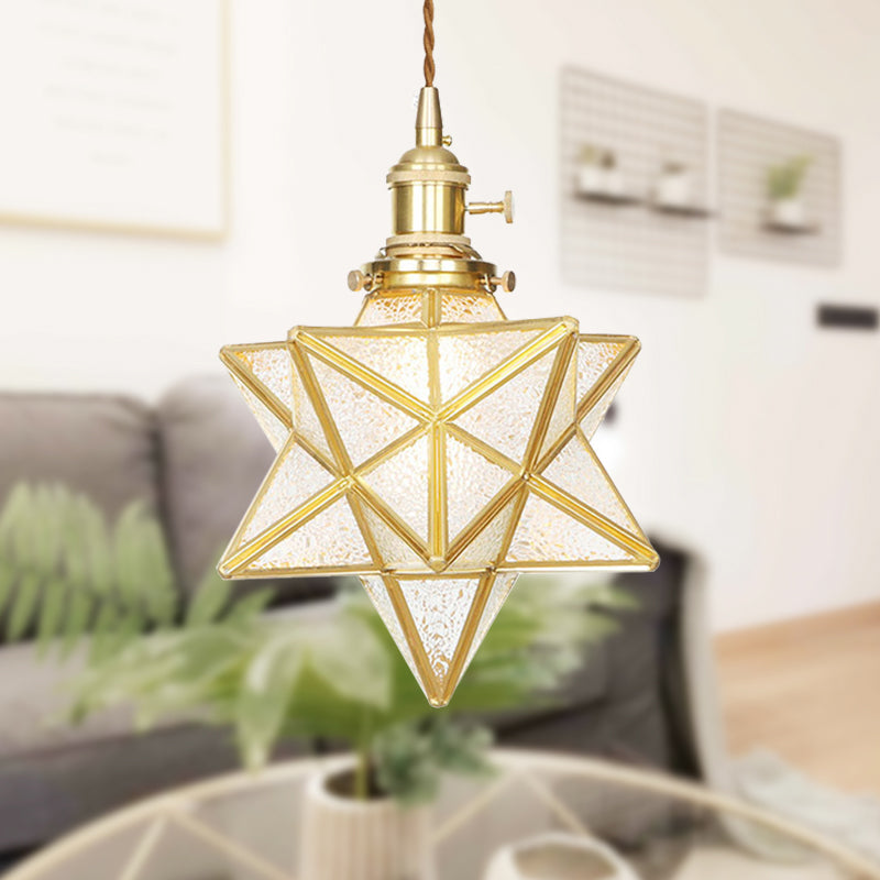 Star Shaped Pendant Lighting Postmodern Clear/Frosted Glass 1 Light Brass Hanging Light Kit with Adjustable Rope