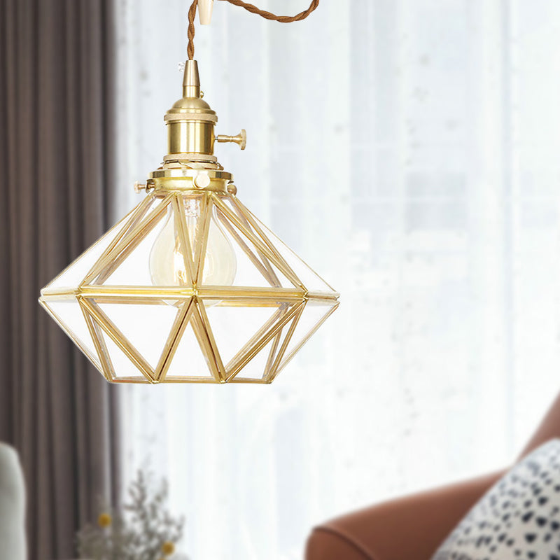 Luz de techo de colgante de diamantes Postmoderno Clear/Glass Glass 1 Luz de latón ligero con cuerda ajustable