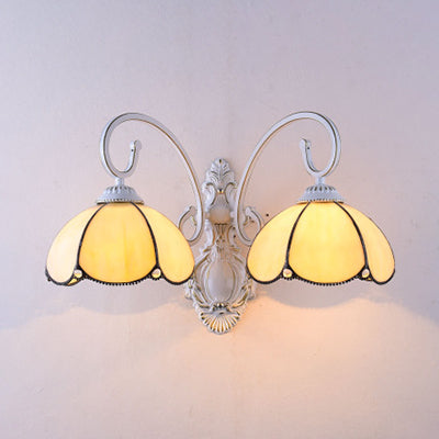 Stained Glass Scalloped Wall Light with White Curved Arm 2 Lights Traditional Sconce Light in White/Clear/Blue/Beige