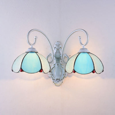 Stained Glass Scalloped Wall Light with White Curved Arm 2 Lights Traditional Sconce Light in White/Clear/Blue/Beige