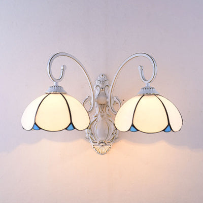 Stained Glass Scalloped Wall Light with White Curved Arm 2 Lights Traditional Sconce Light in White/Clear/Blue/Beige