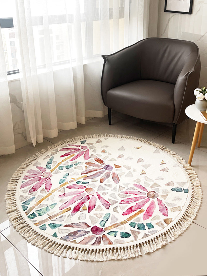 Round White Tone Modern Indoor Rug Polyester Floral Print Rug Non-Slip Backing Indoor Rug for Living Room