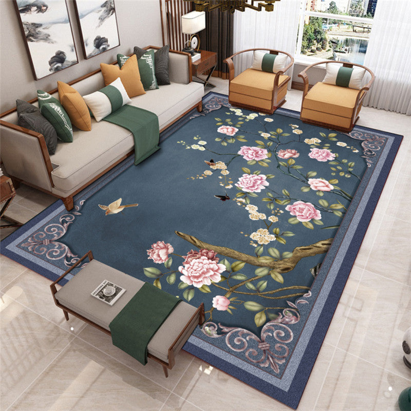 Blue Tone Modern Indoor Rug Polyester Plant Print Carpet Easy Care Rug for Home Decoration