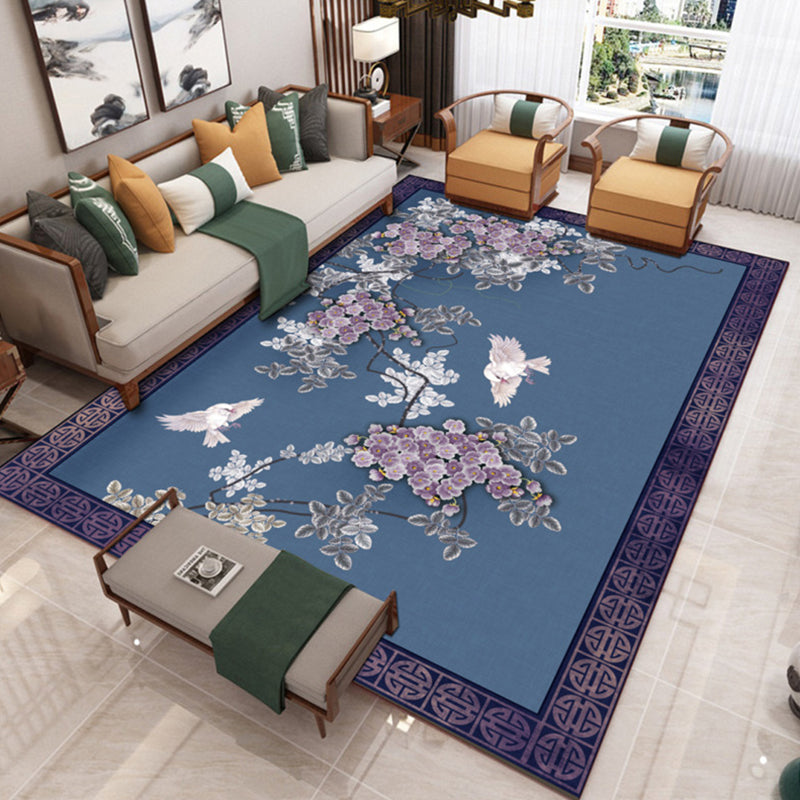 Blue Tone Modern Indoor Rug Polyester Plant Print Carpet Easy Care Rug for Home Decoration