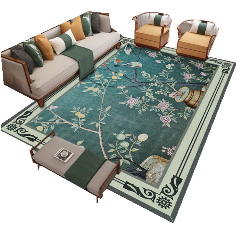 Blue Tone Modern Indoor Rug Polyester Plant Print Carpet Easy Care Rug for Home Decoration