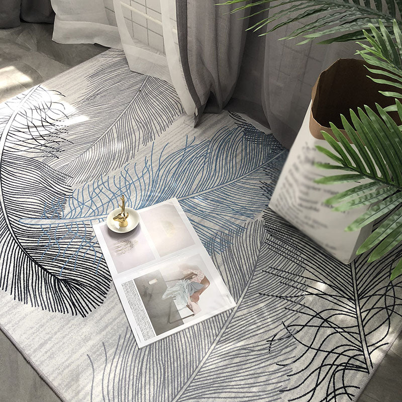 Grey Tone Modern Area Rug Polyester Feather Print Rug Non-Slip Backing Indoor Rug for Living Room