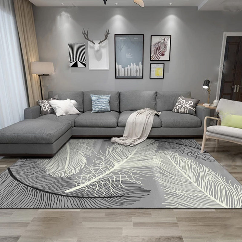 Grey Tone Modern Area Rug Polyester Feather Print Rug Non-Slip Backing Indoor Rug for Living Room