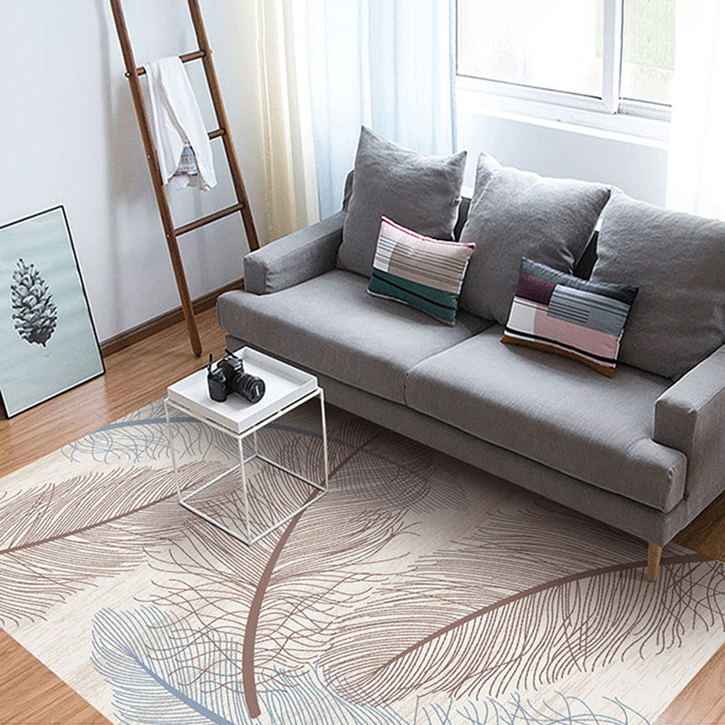 Grey Tone Modern Area Rug Polyester Feather Print Rug Non-Slip Backing Indoor Rug for Living Room