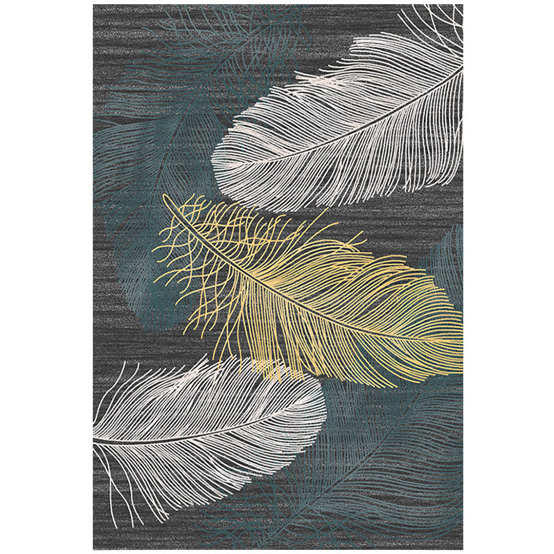 Grey Tone Modern Area Rug Polyester Feather Print Rug Non-Slip Backing Indoor Rug for Living Room