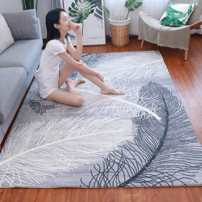 Blue Tone Contemporary Indoor Rug Polyester Plant Print Rug Non-Slip Backing Indoor Rug for Living Room