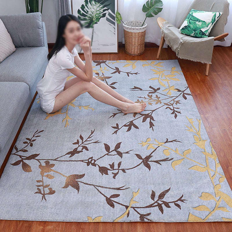 Blue Tone Contemporary Indoor Rug Polyester Plant Print Rug Non-Slip Backing Indoor Rug for Living Room