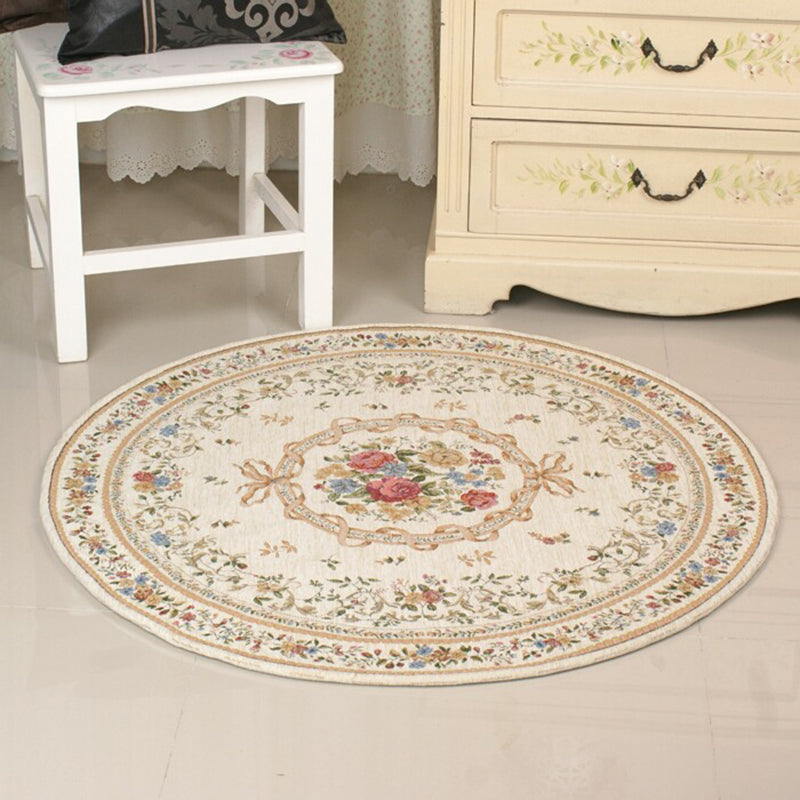 Round Gray Tone Modern Indoor Rug Polyester French Floral Print Rug Non-Slip Backing Indoor Rug for Living Room