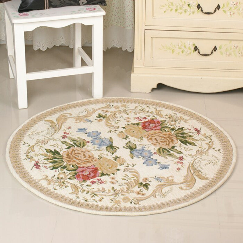 Round Gray Tone Modern Indoor Rug Polyester French Floral Print Rug Non-Slip Backing Indoor Rug for Living Room