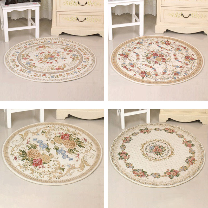 Round Gray Tone Modern Indoor Rug Polyester French Floral Print Rug Non-Slip Backing Indoor Rug for Living Room